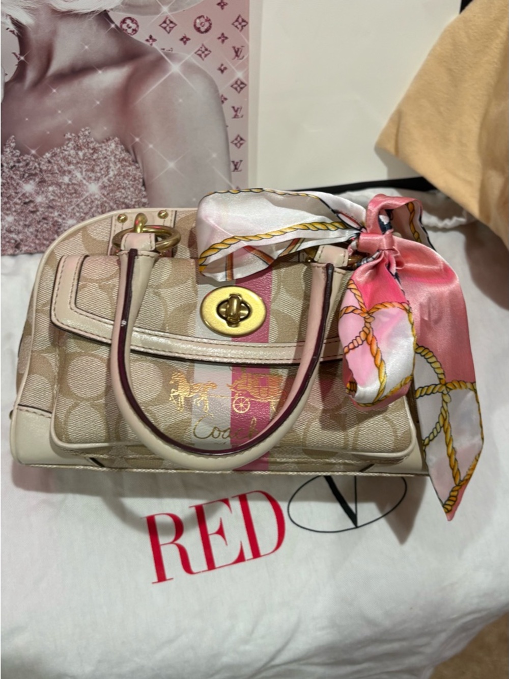 Coach Beige Signature Satchel with Pink Scarf Accent